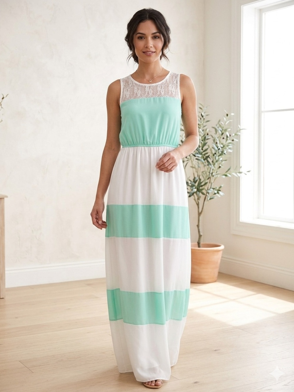 Sleeveless Mint Green & White Lace Maxi Dress